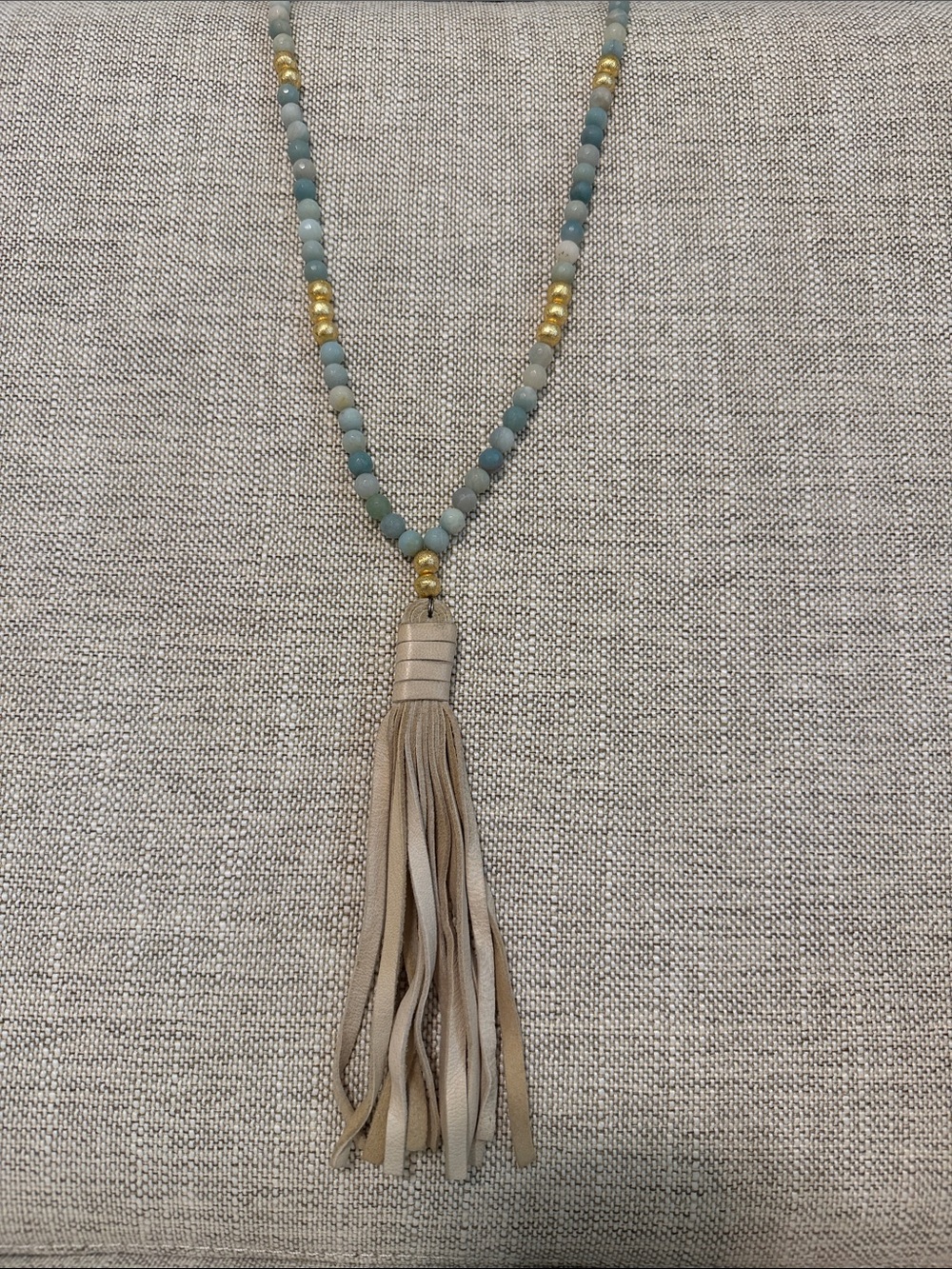 Beaded Tassel Necklace in Sage and Tan - Brand